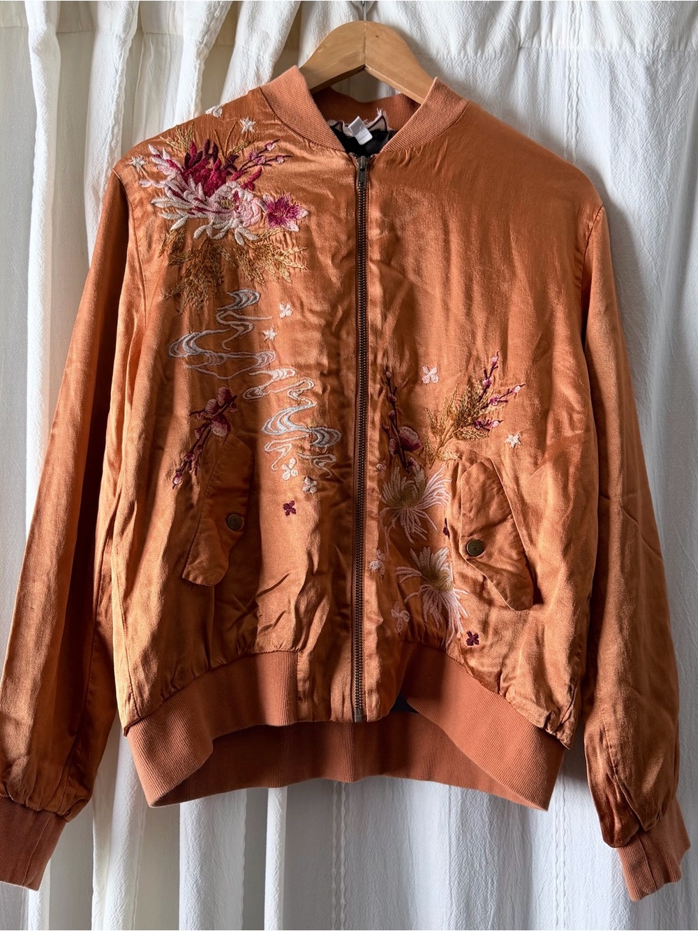 JOHNNY WAS Embroidered Rust Orange Satiny Bomber Jacket Sz S Sukajan Style